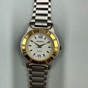 Vintage Helbros Watch Men Silver Gold Two Tone White Dial New Battery 8.5 Inch